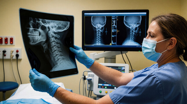 Medical pro wearing blue gloves examines cervical spine xray. Doctor analyzes neck bones on digital tablet in radiology room. Specialist checks orthopedic scan near medical monitors, high tech