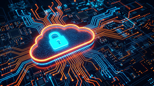 Glowing cloud icon with lock on circuit board, symbolizing secure cloud computing and data protection