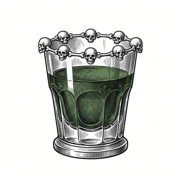 Spooky Halloween cocktail in a glass with green liquid and a ring of skulls in vintage engraving style
