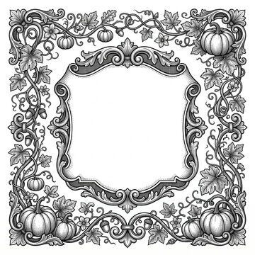 Elegant autumn vintage engraving frame with pumpkins, leaves, and ornate scrollwork with blank copy space