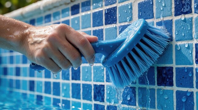 Man uses blue brush to scrub tiles in swimming pool. Hand cleans blue mosaic wall underwater. Person performs manual maintenance, hygiene task to keep water fresh. Wet worker cleans pool surface with