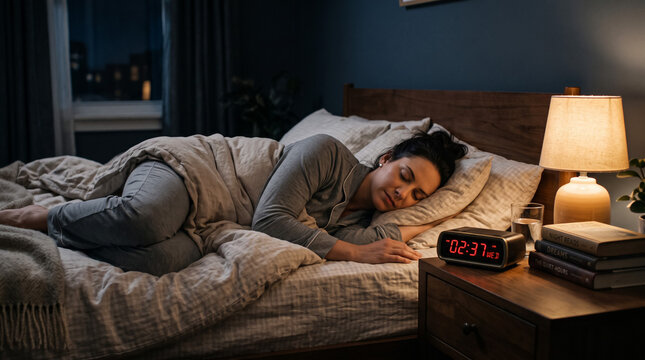 Young woman sleeping peacefully in bed at night with digital alarm clock on nightstand