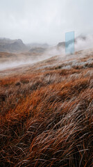Obraz premium Misty landscape with tall dry grass in foreground and a reflective panel in background, symbolizing transition, introspection, or a gateway.