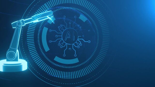 3D Glowing Industrial Robotic Arm with AI Microchip, Industry 4.0 smart manufacturing, AI-powered robotics Concept.