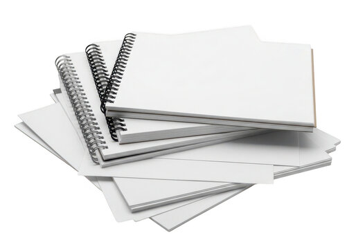 A stack of multiple blank spiral bound notebooks arranged in a pile isolated against a clean white background for creative design projects