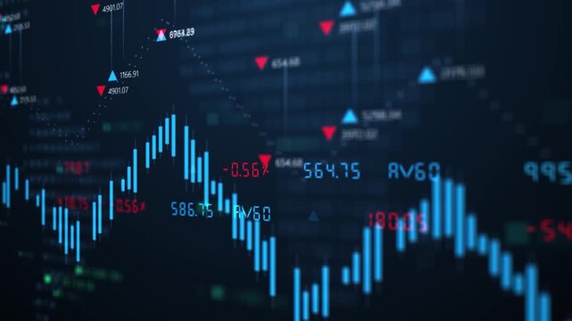 Abstract digital candlestick chart with global financial data and world map, representing trading, forex, cryptocurrency, investment, and financial market analysis.