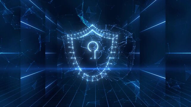 Cybersecurity shield and keyhole animation with glowing blue particles, data protection, network security, and cyber defense technology on a dark background.