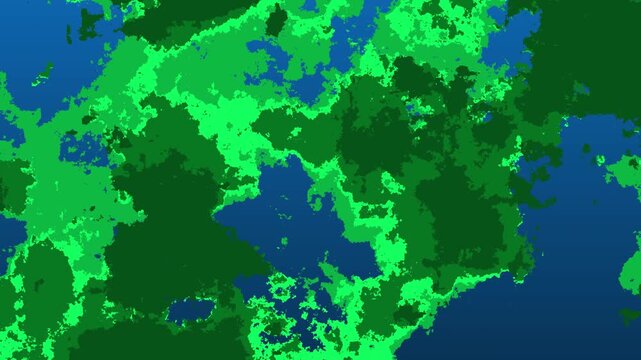 Abstract pixelated green and blue fractal pattern morphing like a digital topographical map