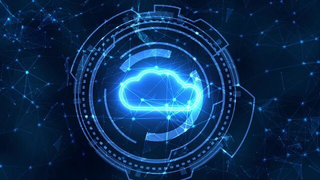 Glowing Cloud Computing Icon with  Digital Network Background, Remote database, Cyber security and cloud safety.
