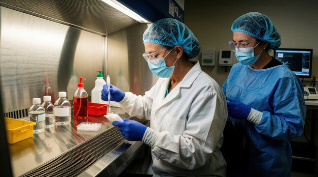 Pharmacist prepares oncology medication in sterile laminar flow hood. Pro nurse uses pipette for precision dosage in clinical pharmacy. Medical staff wear blue gloves, face mask, hair net for aseptic