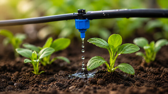 Drip irrigation system watering young green seedlings in a vegetable garden farm