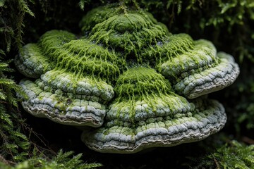 Naklejka premium Macro shot of green algae growing on bracket fungus. Large polypore mushroom with wavy texture, mossy surface in dark forest. Wild organic fungi show natural patterns, wet details in woodland