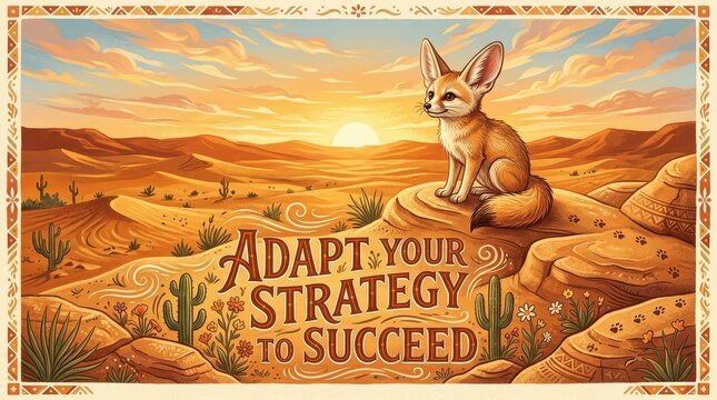 Fennec fox in desert landscape with inspirational text "Adapt Your Strategy to Succeed" during sunset, symbolizing resilience and adaptability.