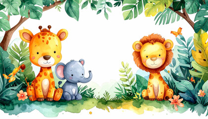Naklejka premium Colorful cartoon safari border with adorable wild animals and tropical foliage, soft hand-painted watercolor design