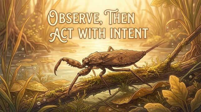 Giant Water Bug Insect Resting on a Branch Above Water in a Swampy Environment, Motivational Text 'Observe, Then Act With Intent'