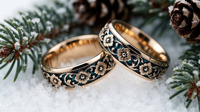 Two ornate gold wedding rings with floral pattern rest on snow near frosted pine branches and cones. Symbol of love and commitment, perfect for winter nuptials.