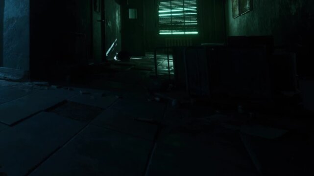 A room has dim lighting with green light coming through window blinds. The floor is cluttered with objects and debris. The scene looks abandoned and eerie.
