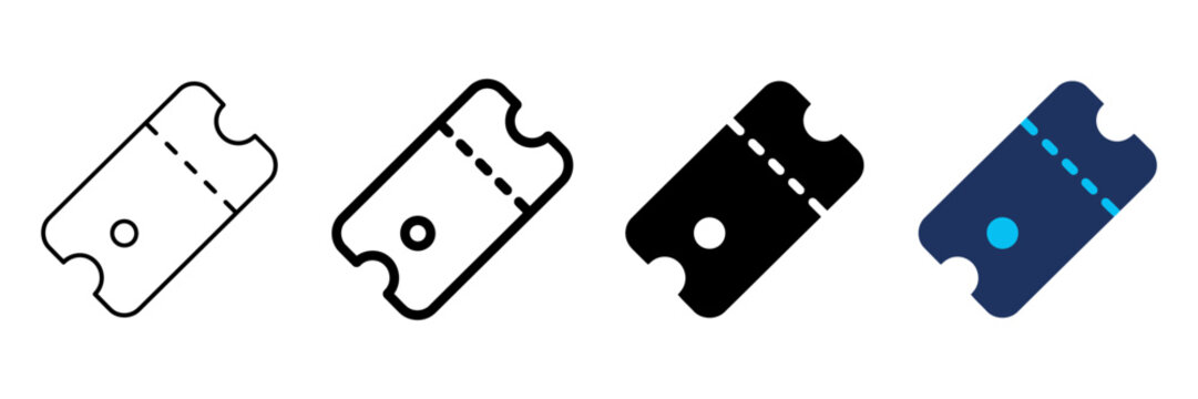 Minimalist ticket icon set, 4 vector admission coupons, movie and event pass symbols in outline and solid styles