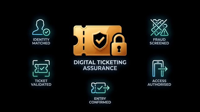Digital ticketing assurance ticket icon with padlock and security validation symbols assurance security validation verification technology interface