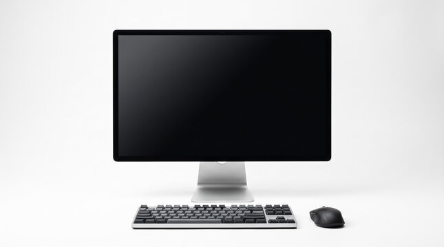 Modern desktop computer with blank screen, keyboard and mouse on white background
