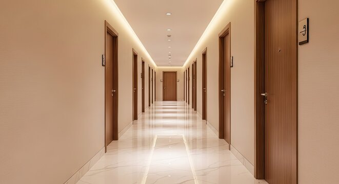 Long empty modern hotel hallway with wooden doors.
