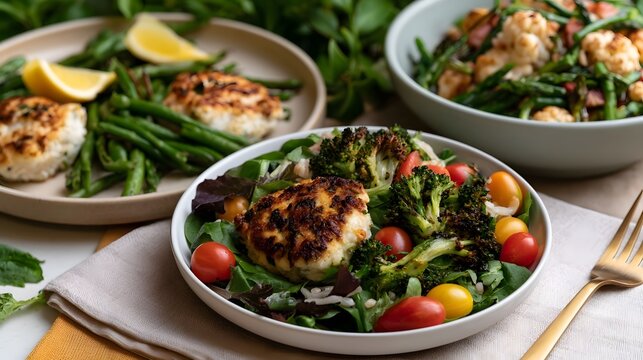 A healthy meal featuring grilled crab cakes  roasted broccoli  cherry tomatoes  and green beans on a bed of mixed greens