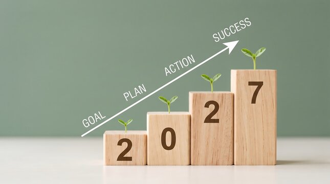 Wooden blocks displaying numbers 2027 illustrate increasing growth and positive progress toward future achievements and overall development