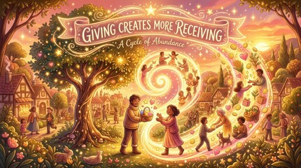 Fototapeta premium Giving Creates More Receiving: A Cycle of Abundance with a Whimsical Village Scene and Energetic Swirls of Light and Symbols of Prosperity