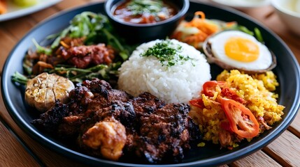 Fototapeta premium A vibrant plate of rice grilled meat fried rice boiled egg and assorted vegetables arranged on a dark plate