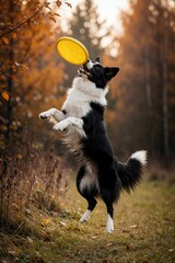 Naklejka premium Energetic border collie dog jumps high catching yellow frisbee in autumn forest. Active pet plays fetch outdoors among fall leaves. Purebred dog enjoys outdoor activity with toy.
