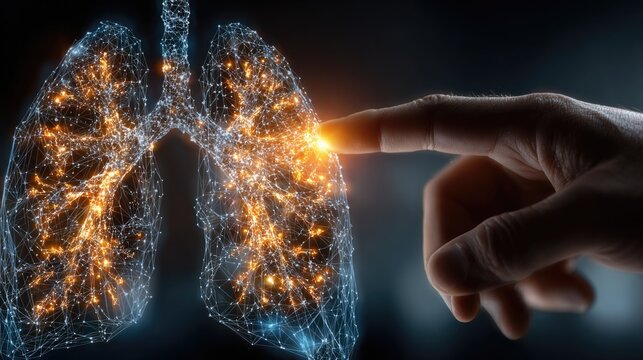 Professional hand interacting with a holographic 3D lung model with glowing oxygen flow patterns representing respiratory health and advanced pulmonary medicine technology research scene