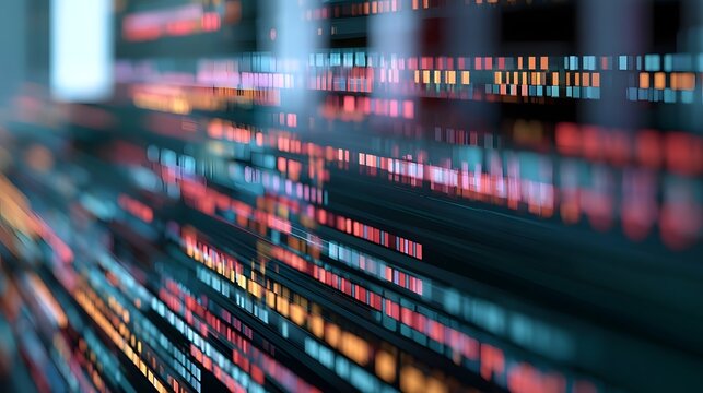 Abstract digital data visualization with glowing colorful blocks arranged in layered rows against a dark background
