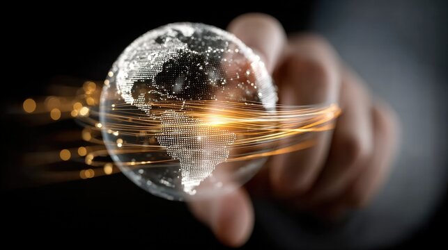 Professional hand interacting with a holographic globe and gold light trails representing international money transfers and global remittance technology for the digital economy scene