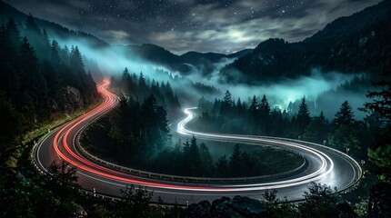 Obraz premium Winding mountain highway at night in thick glowing fog, long exposure car light trails on curved asphalt, eerie cinematic scenery.