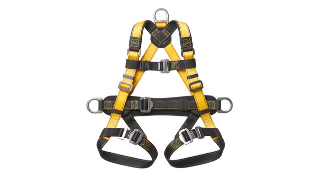 Yellow safety harness with black webbing, industrial fall protection gear, high visibility climbing equipment, construction safety apparatus, workwear accessory