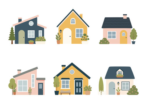 Cute cartoon house vector set, minimalist scandinavian cottage collection.