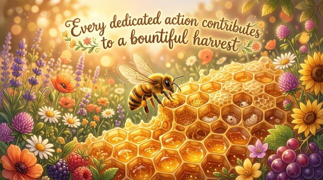 Honeybee on a vibrant honeycomb surrounded by a colorful meadow of flowers and berries, inspirational quote about dedication and harvest