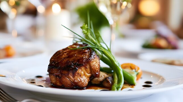 A perfectly seared meat dish elegantly plated with fresh green garnish and sauce on a white plate in a softly lit dining setting