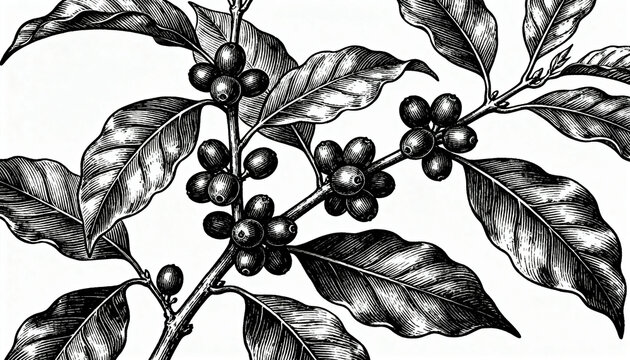 Botanical illustration of a coffee plant branch with raw beans and leaves in a retro vintage engraving style, digital art
