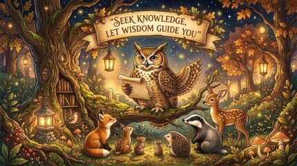 Fototapeta premium Enchanting Forest Scene with Wise Owl and Woodland Animals, 'Seek Knowledge, Let Wisdom Guide You' Banner