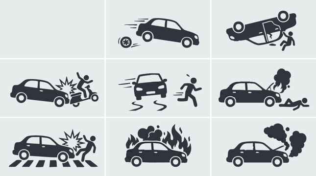 Car accident and road safety icons illustrating various vehicle mishaps