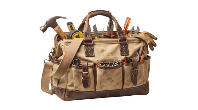 Professional canvas tool bag with leather trim, heavy duty construction organizer, handyman equipment bag on white background