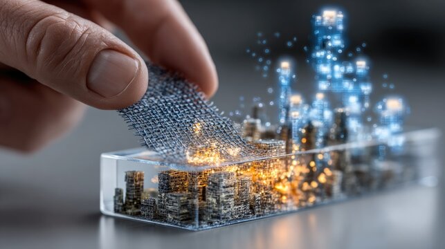 Professional hand placing a biolayer fabric swatch onto a model of a decentralized autonomous city with floating holographic icons representing the self-governing nature of future urban trade hubs
