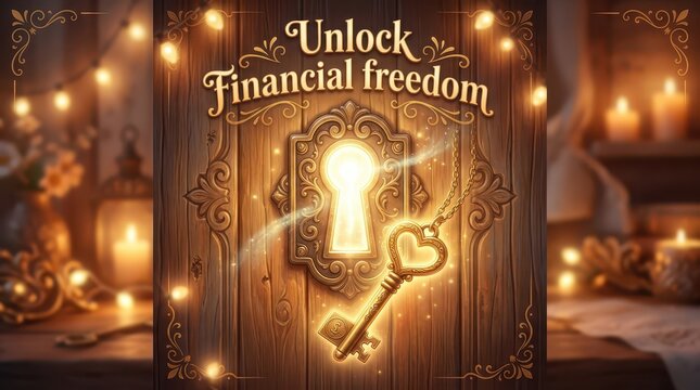 Golden key unlocks door to financial freedom, symbolizing wealth, success, and opportunity with warm, magical lighting and candles
