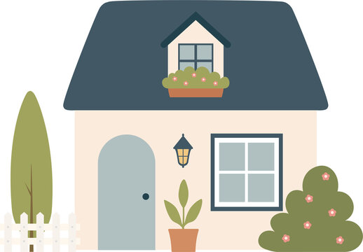 Cute cartoon house, minimalist scandinavian cottage
