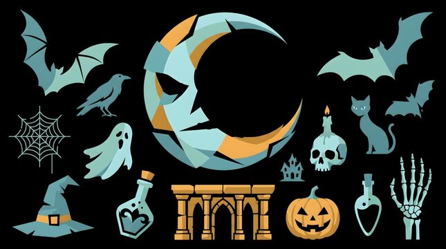 Crescent moon face with spooky halloween icons including bats ghost and pumpkin on black background halloween mysterious illustration celebration