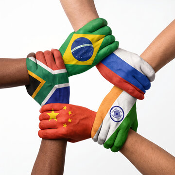 Hands United BRICS Nations Symbolizing Global Cooperation and Economic Alliance