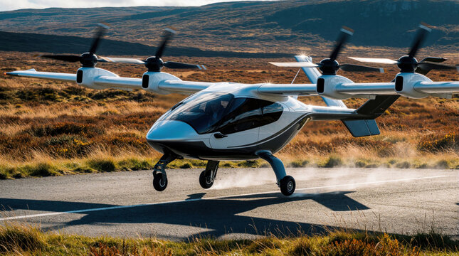 Electric air taxi lands on remote asphalt pad in hilly landscape. Advanced eVTOL aircraft flies low near ground with spinning rotors. Future urban mobility concept features clean energy flight for