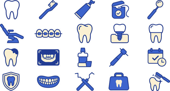 Collection of dental icons including toothbrush toothpaste dental chair and more for dental care transparent background