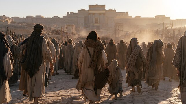 Crowd of people in ancient attire walking towards a large temple structure in a dusty landscape